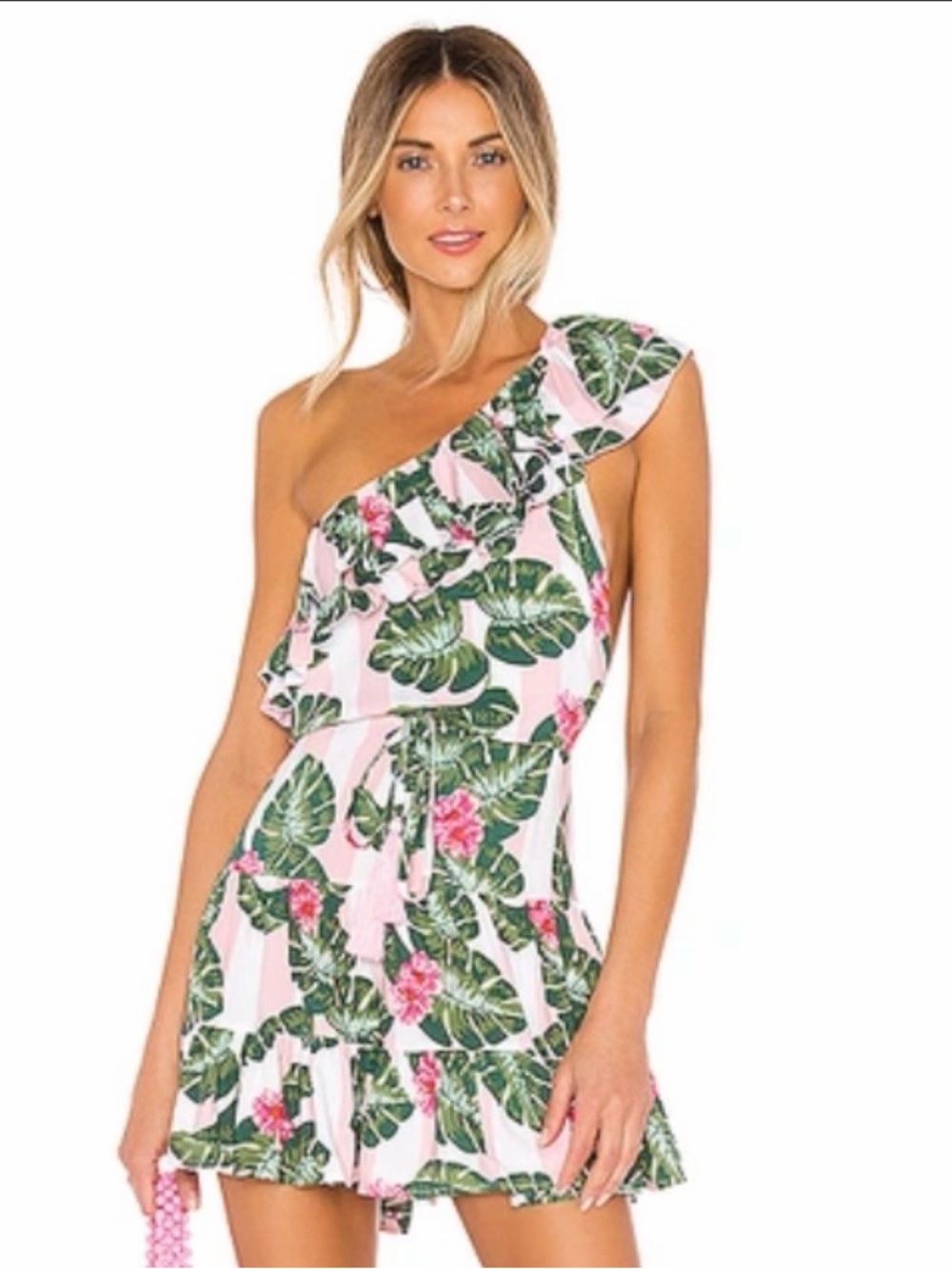 Sold Out Lovers + Friends Amity Mini Dress Pink Palm Stripe One Shoulder Medium